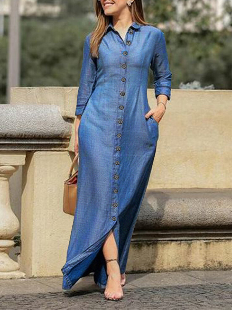 Women's Jean Solid Button Long Sleeve Solid Ankle-Length Dress