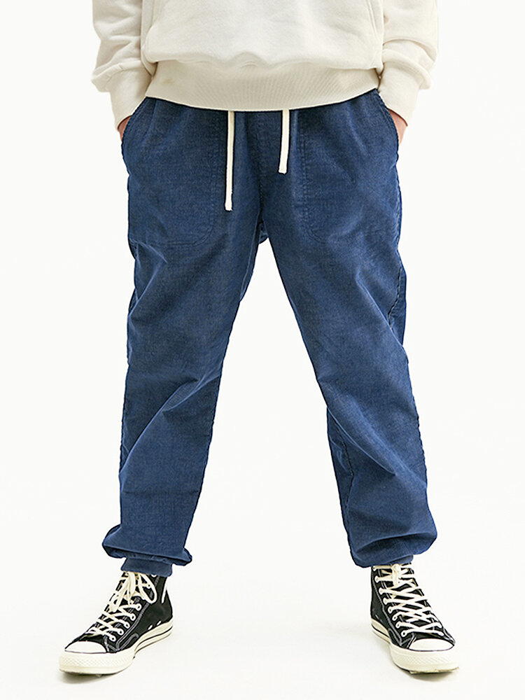 

Mens Corduroy Solid Color Drawstring Elasticity Beam Feet Pants With Poket