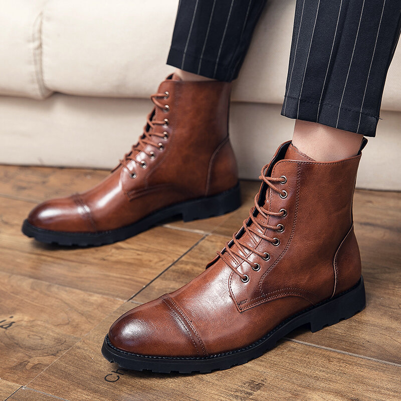 Men Cowhide Leather Comfy Soft Sole Vintage Business Lace Up Casual Boots