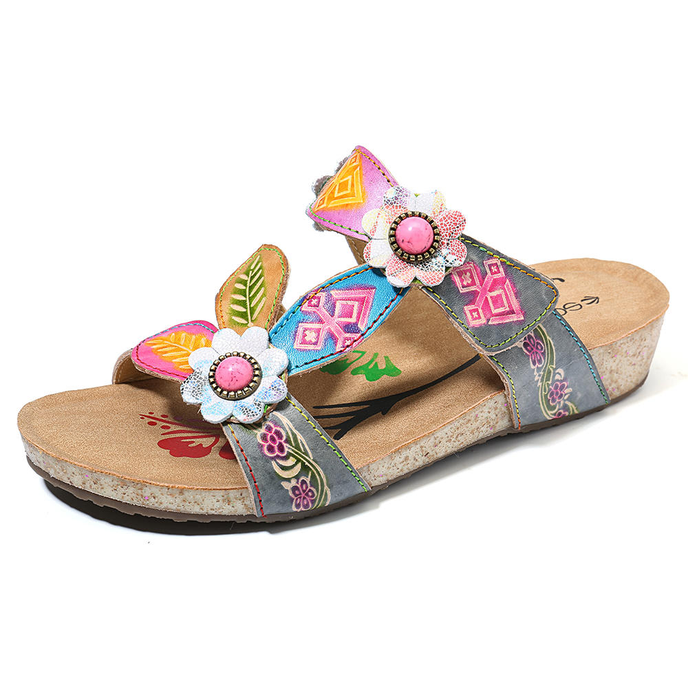 

SOCOFY Hand Floral Genuine Leather Comfy Wedge Sandals