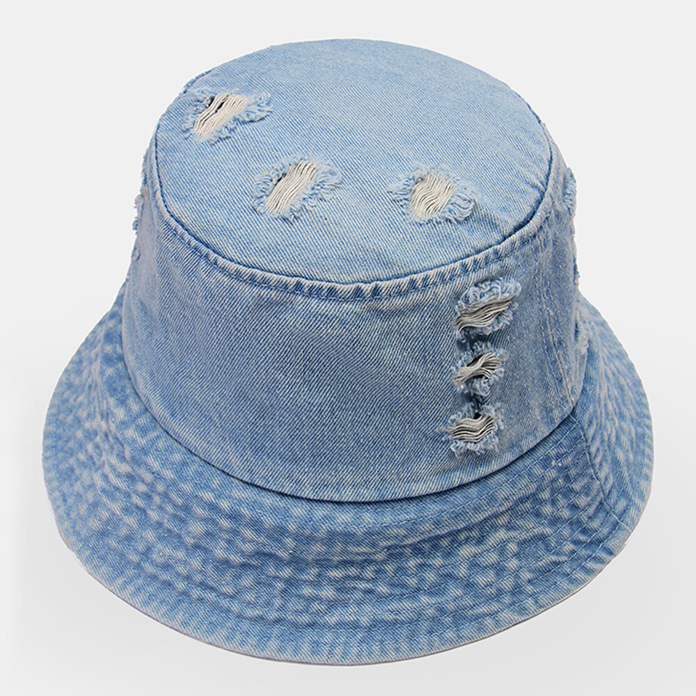 Unisex Washed Denim Broken Hole Wide Brim Bucket Hat Retro Outdoor Foldable Sunshade Hat