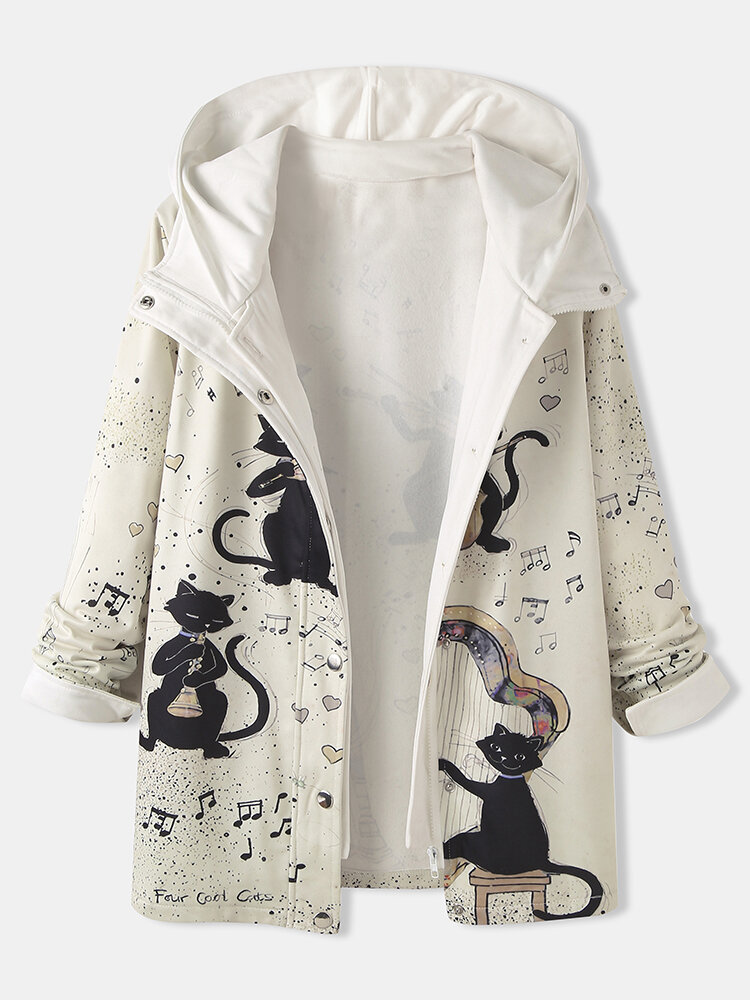 Women Cartoon Music Cat Print Zipper Front Long Sleeve Thick Hooded Coat