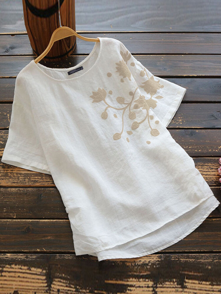 Women Cotton Pure Color Embroidered O-Neck Blouse