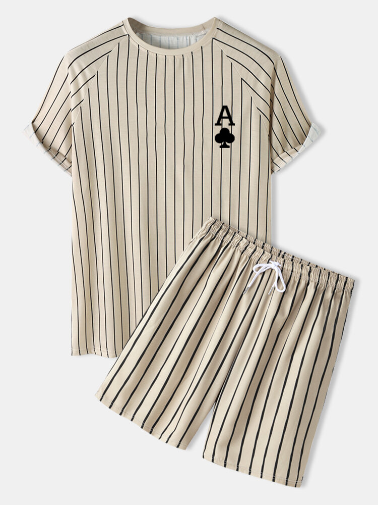 

Mens Stripe Plum A Poker Print Raglan Sleeve Casual Shirts Shorts