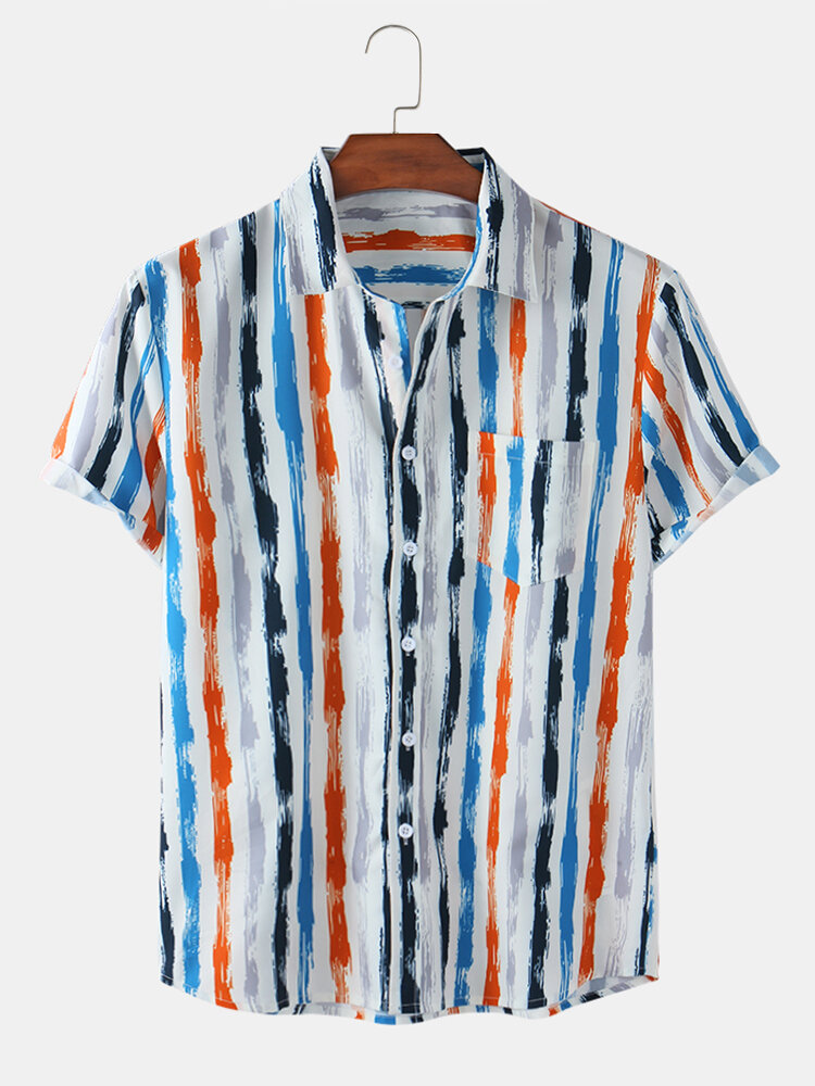 

Праздничная повседневная мужская рубашка с коротким рукавом с карманом Colorful в полоску