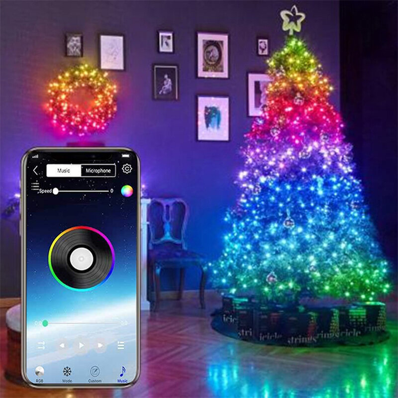 USB Fairy Lights LED String Lights Music Sync Bluetooth APP Phone Indoor Outdoor Twinkle Lights 32.8FT Hanging Curtain S