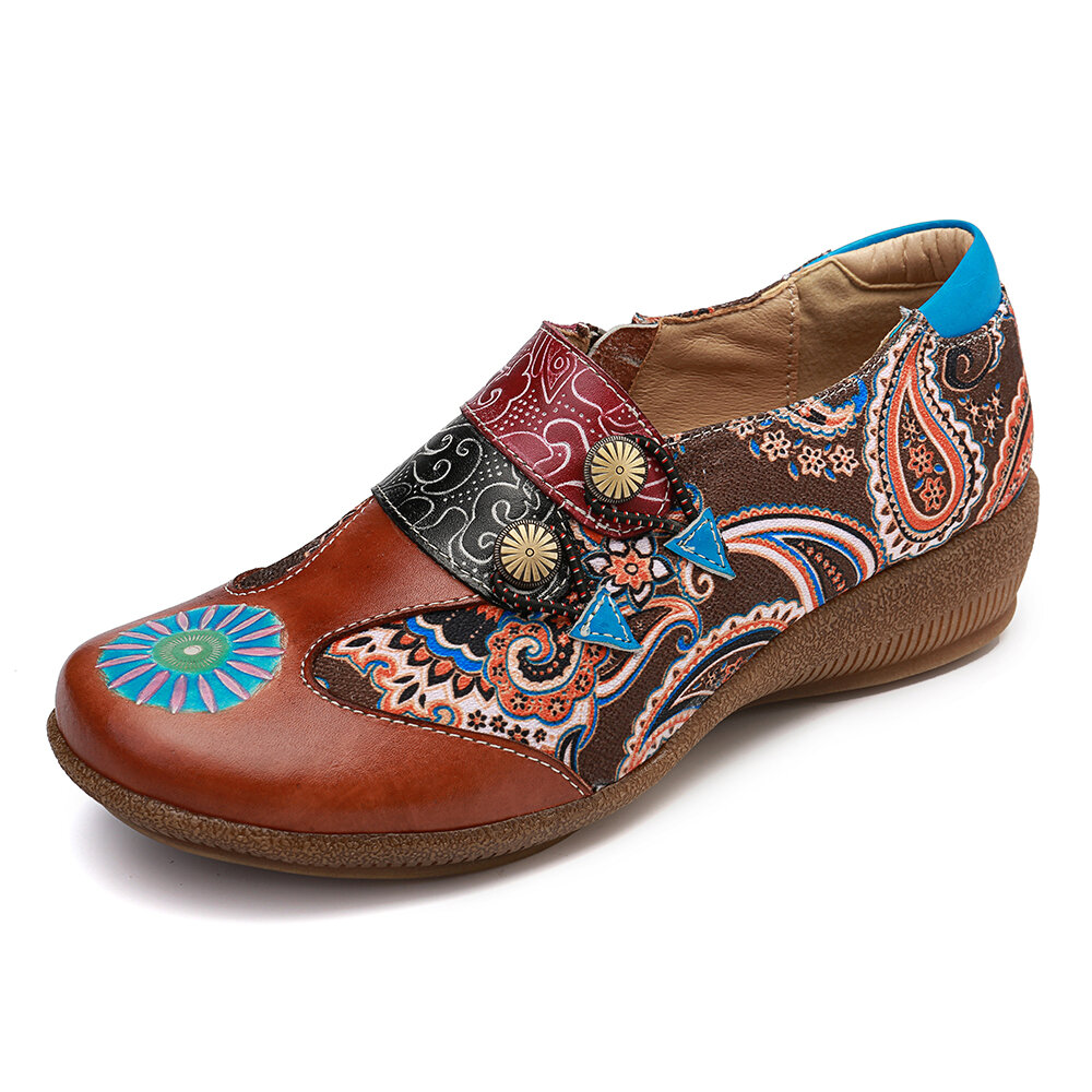 

SOCOFY Folkways Retro Шаблон Натуральная Кожа Комфортные туфли на плоской подошве с боковой молнией Soft