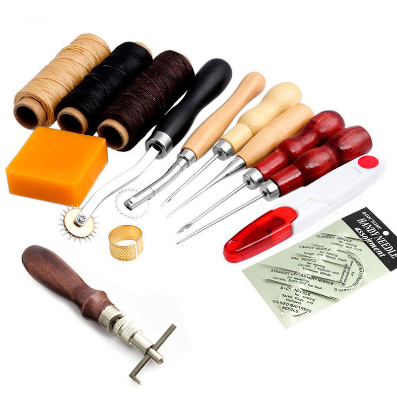 Leather Craft Tools Hand Sewing Tool Kit Stitching Awl Thimble Waxed Thread 