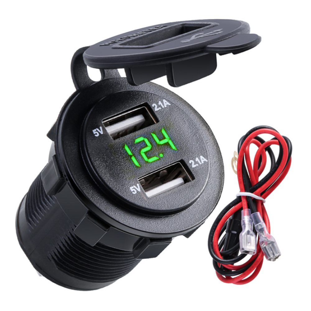 4.2a waterproof car 2 port dual usb charger socket power outlet with voltmeter led light for 12-24v car boat marine atv motorcycle