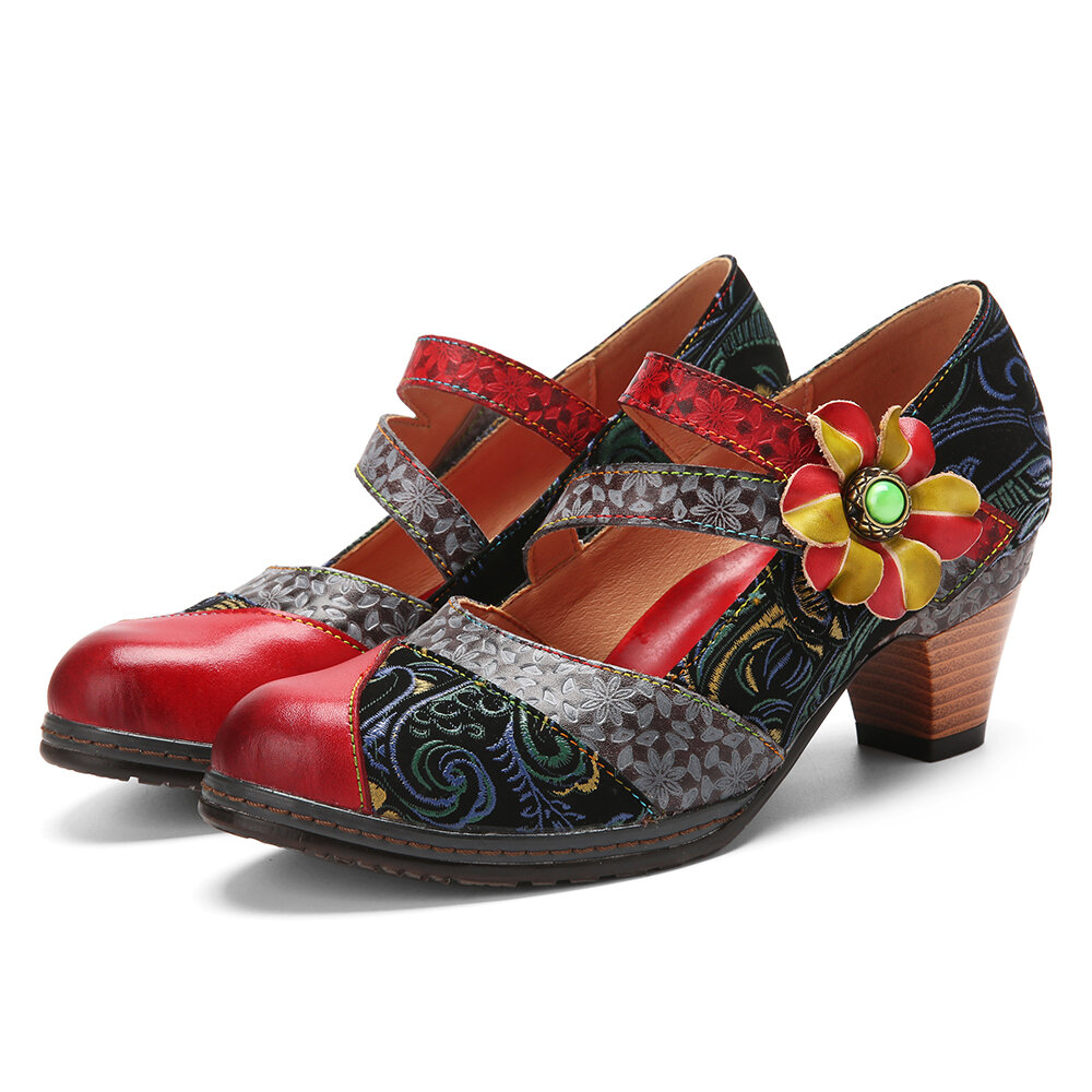 

Socofy Натуральная Кожа Крюк & Loop Comfy Retro Colorblock Цветочный декор Туфли Мэри Джейн на каблуках