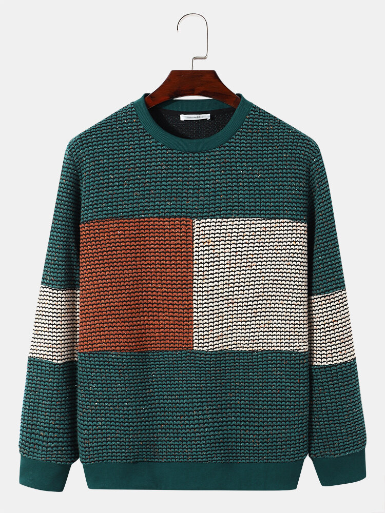 Heren gebreide patchwork kleurblok casual pullover sweatshirt met lange mouwen
