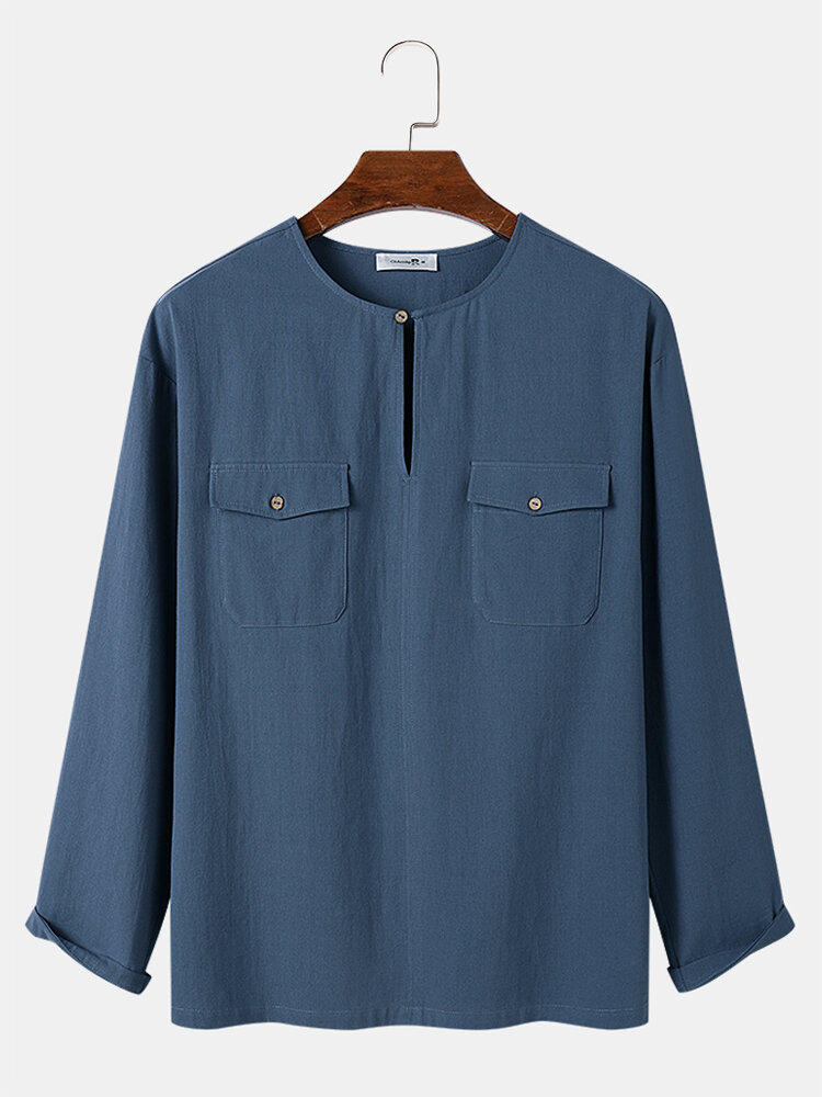 

Mens Solid Color Button Neck Flap Pocket Cotton Long Sleeve T-Shirts