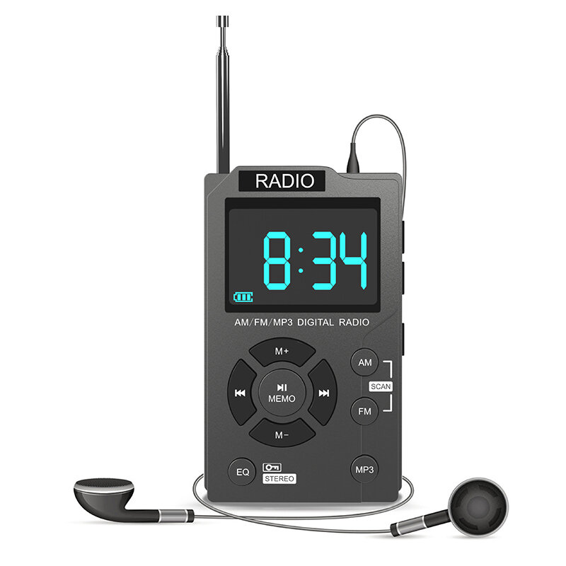 

Portable FM AM Dual Band Mini LCD Display Pocket Radio Receiver 1000mAh Battery Support TF Card Music Player with Wired