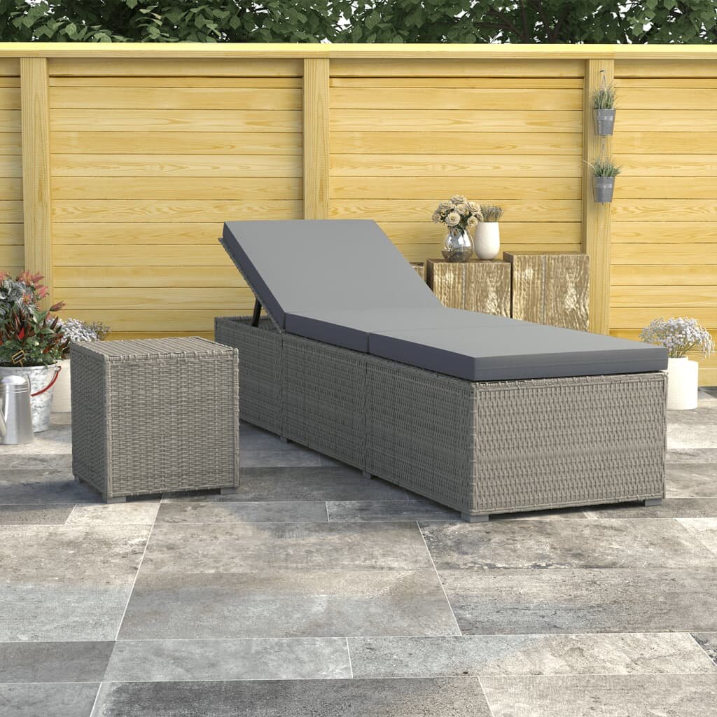 Sun Lounger with Cushion and Tea Table Poly Rattan Gray