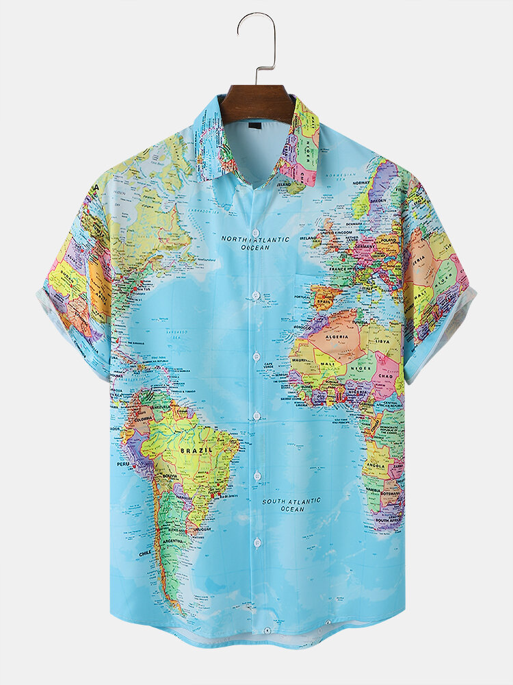 Men Allover Map Graphic Hem Cuff Leisure Fit Skin-friendly All Matched Shirts
