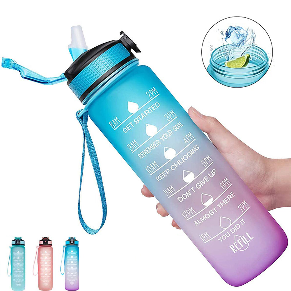 زجاجة ماء للياقة البدنية TRITAN سعة 34 أوقية / 1 لتر خالية من BPA مع علامة زمنية ، تدرج لوني ، مقاومة للتسرب وفتحة واحدة للأطفال