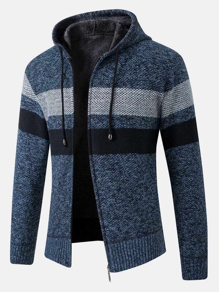 Heren Stripe Colorblock Rits Dikke Warme Breien Sweater Hoodie Jas