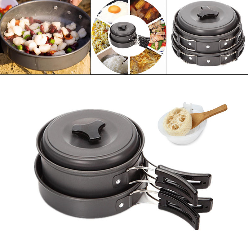 AOTU Outdoor 1-2 Persons Picnic Set Pan Pot Bowl Portable Tableware Cookware Utensil Cooking Set