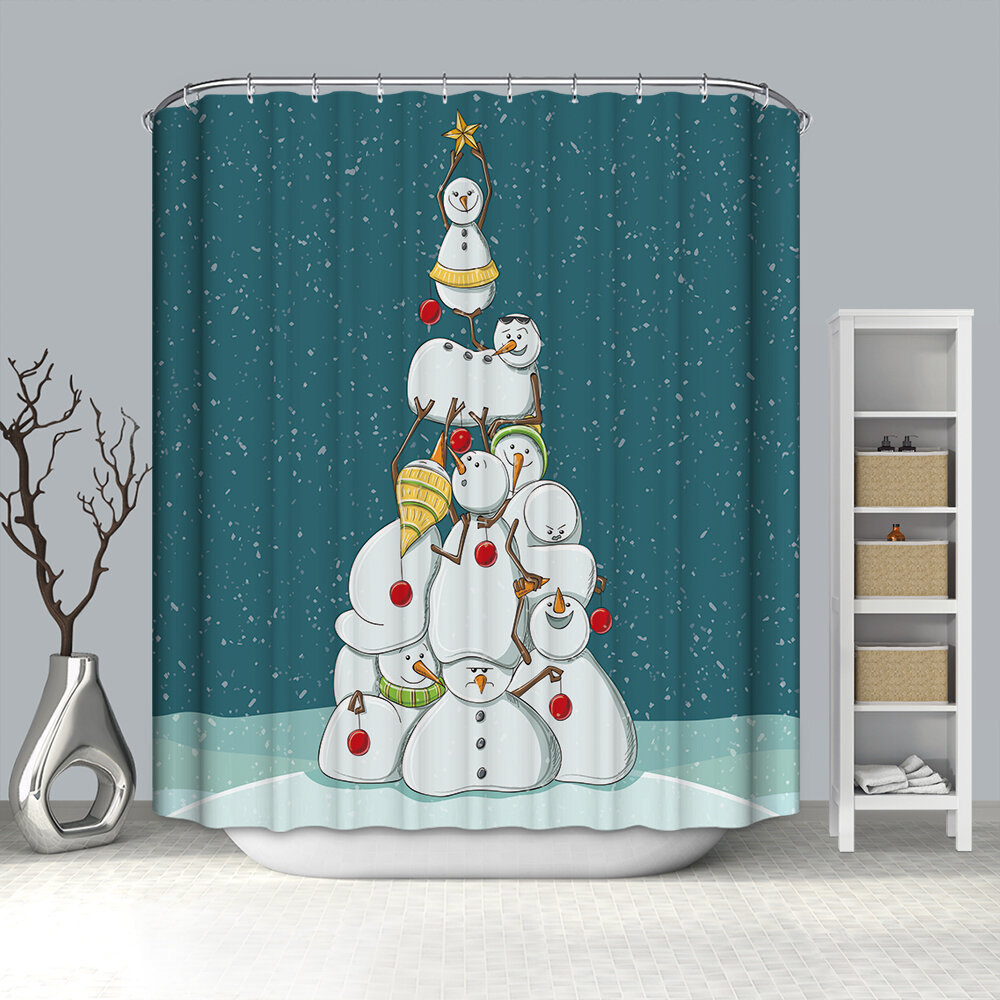 

180x180CM Waterproof Long Bathroom Shower Curtain Gold Christmas Tree with 12 Hooks