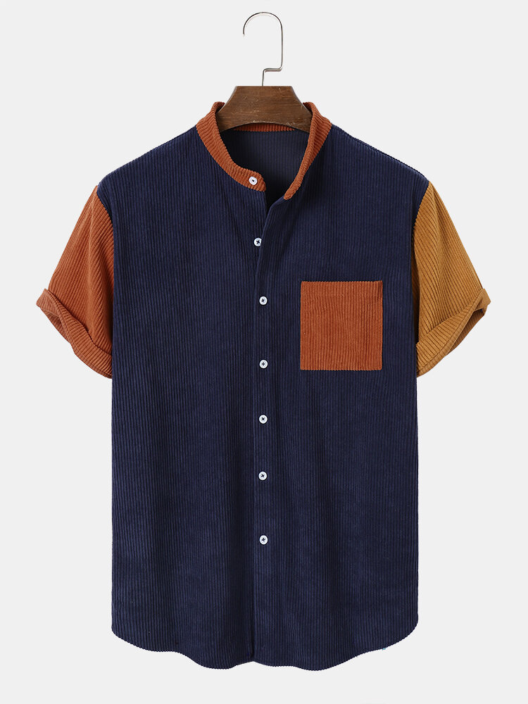 

Mens Contrast Patchwork Stand Collar Corduroy Short Sleeve Shirts