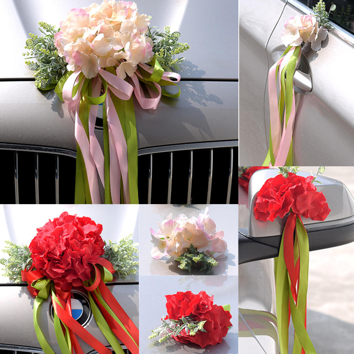 Zijde bruiloft auto kunstbloem boog lint handgrepen achteruitkijkspiegel decoraties