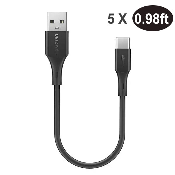 

[5 Pack] BlitzWolf® BW-TC13 3A USB Type-C Charging Data Cable 0.98ft/0.3m For Oneplus 8 Pro Mi10 Note 9S- Black