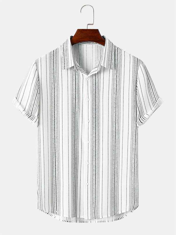 Camisas masculinas de manga curta com estampa listrada e lapela diária