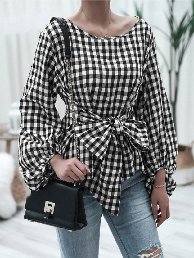 

Women Classic Plaid Print Knotted Waist O-Neck Lantern Sleeve Casual Blouse