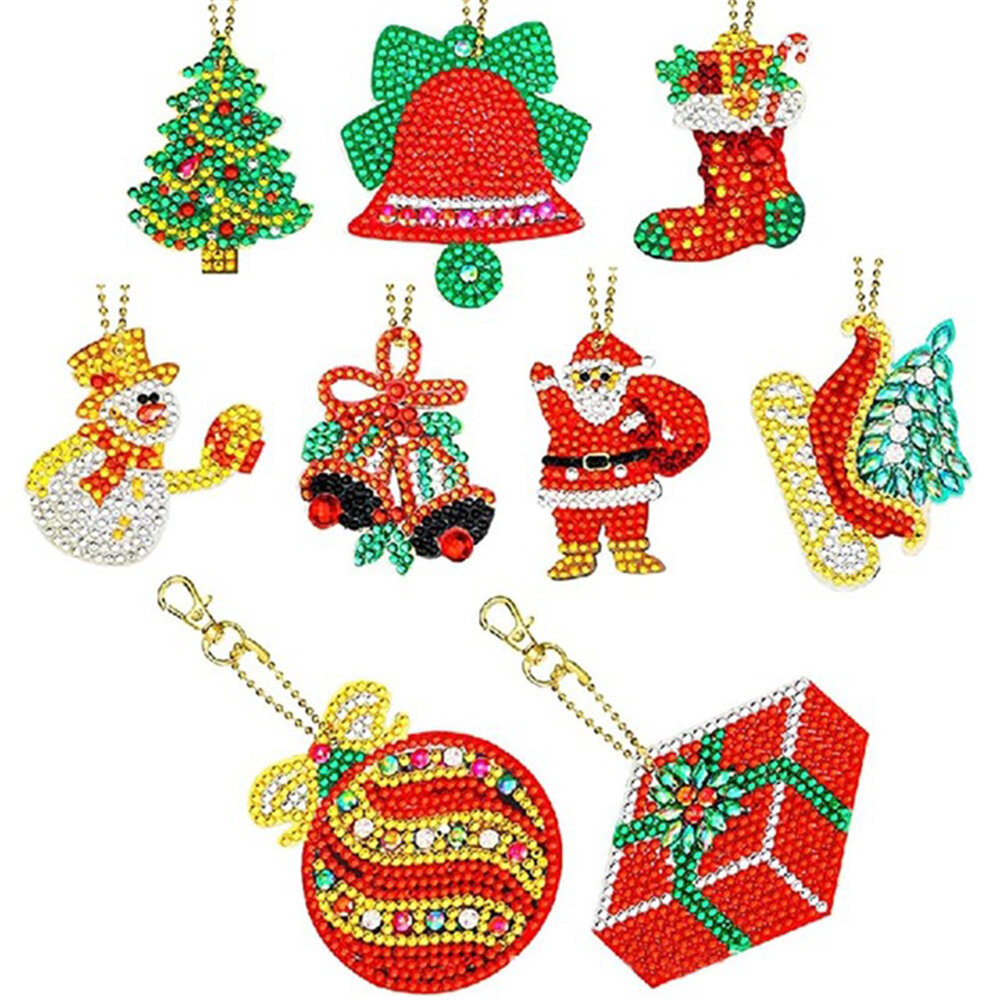 8/9PCS Christmas Keychain Pendant DIY Diamond Full Drill Painting Keychain Set Bag Or Phone Decor Christmas Gift