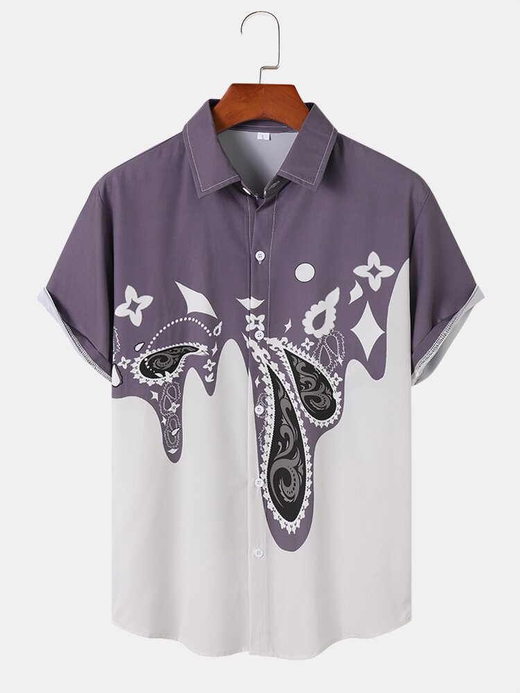 Men Paisley Print Irregular Spliced Lapel Collar Shirts