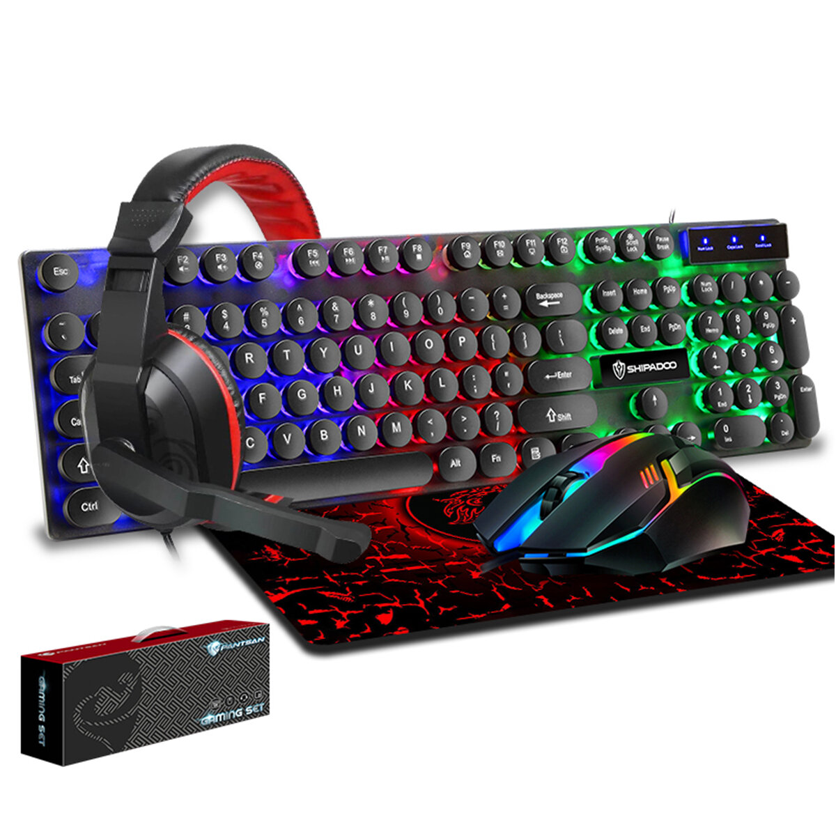 4Pcs Gaming Devices Set 104 Keys LED Backlit Waterproof Gaming Keyboard Ergonomic Mouse 3.5mm Wired 