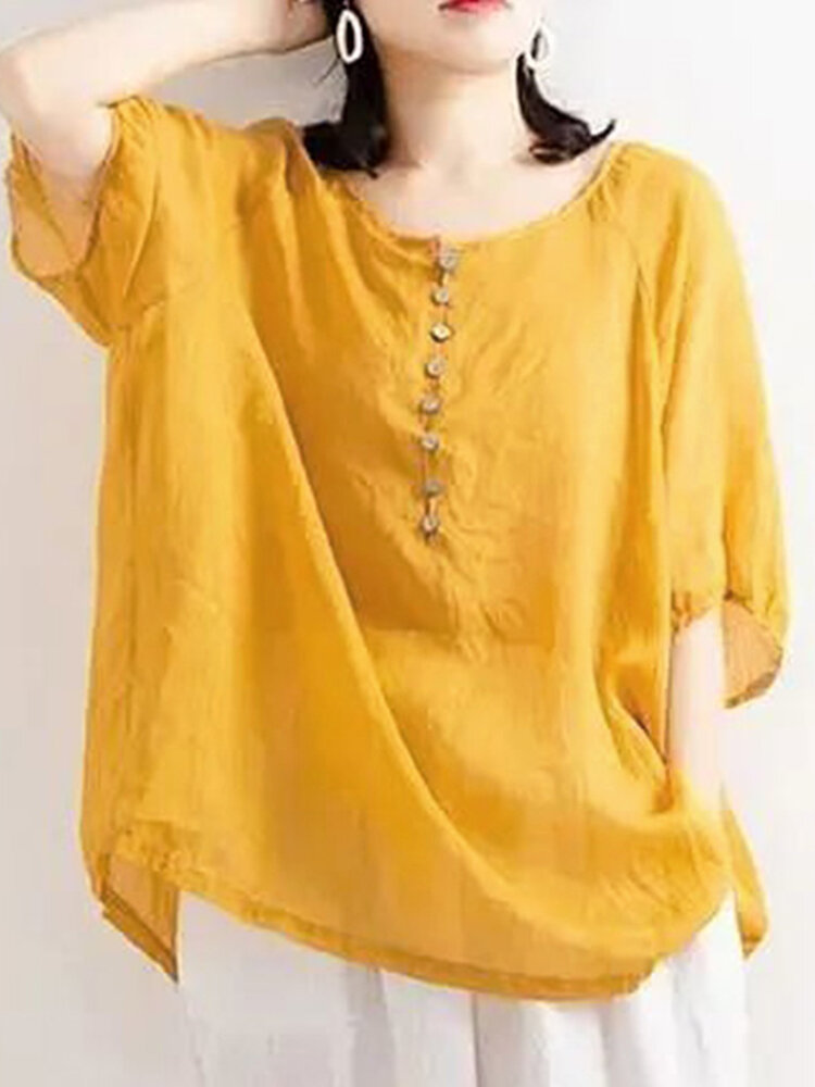 Solid Button Ruched Round Neck Half Sleeve Casual Blouse