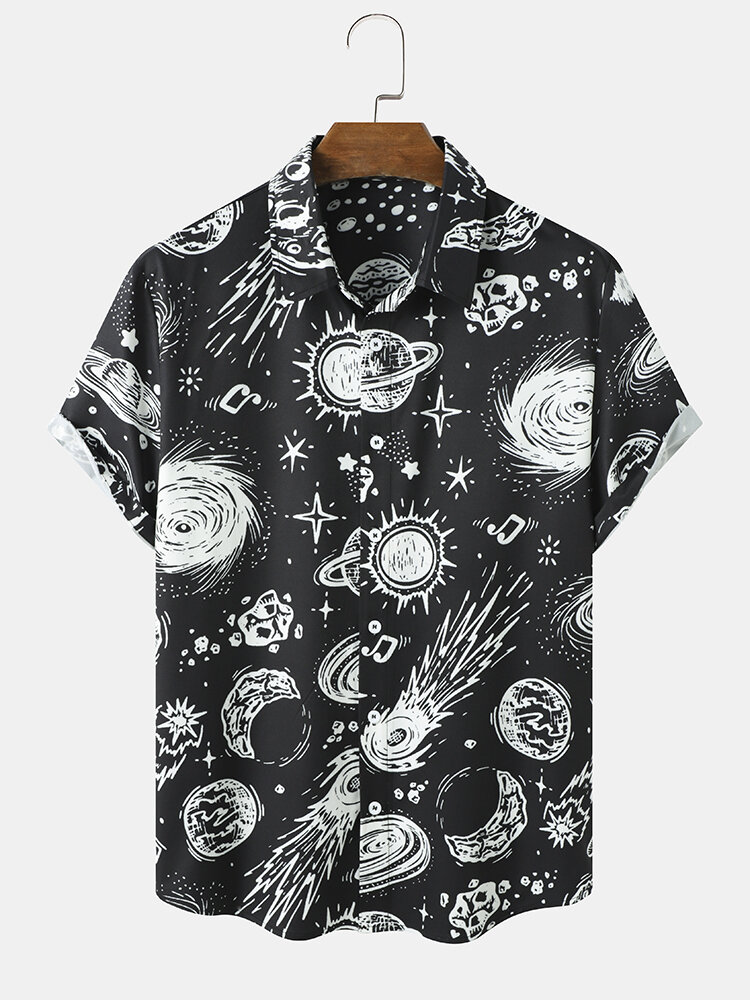 Men Galaxy Print Star War Lapel Short Sleeve Button Casual Shirts
