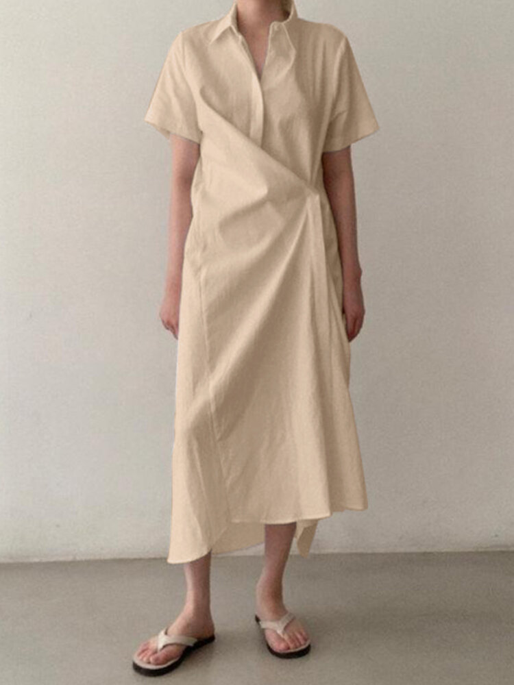 Women Solid Color Lapel Asymmetric Maxi Dress