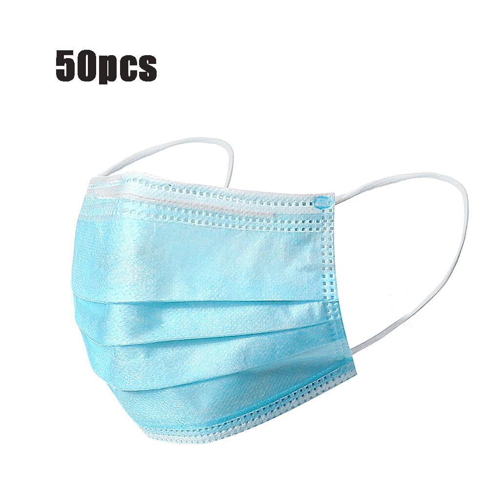 50Pcs Mascarillas desechables de boca Mascarilla de respiración de 3 capas Protección personal a prueba de polvo