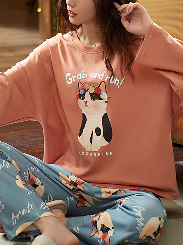 Women Cute Cat Pattern Letter Print Long Sleeve Pullover & Loose Pants Home Two Piece Pajama Set