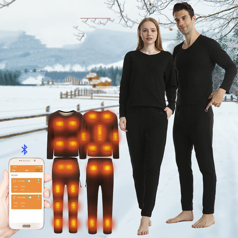 TENGOO Smart Heated Underwear Set Phone APP Control 14 Heating Zone Winter Heating Suit USB Recharging Heated Thermal Tops Pants Winter Set