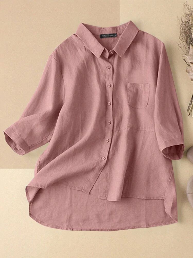 Cotton solid button pocket high-low hem casual shirt