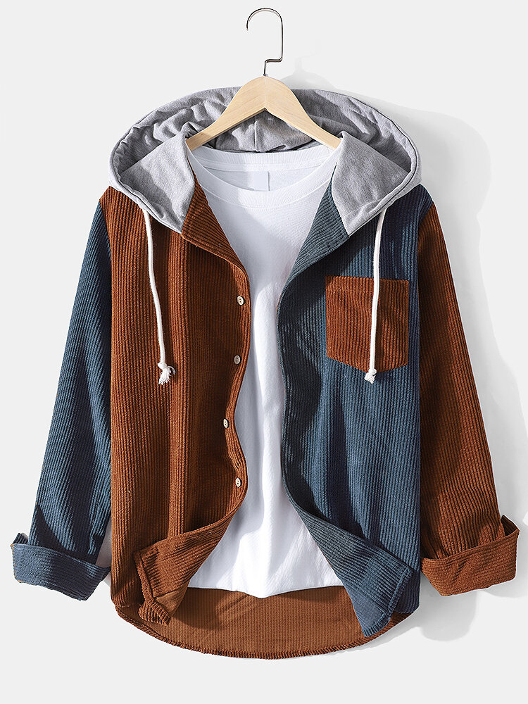 

Mens Contrast Patchwork Corduroy Long Sleeve Drawstring Hooded Shirts With Pocket