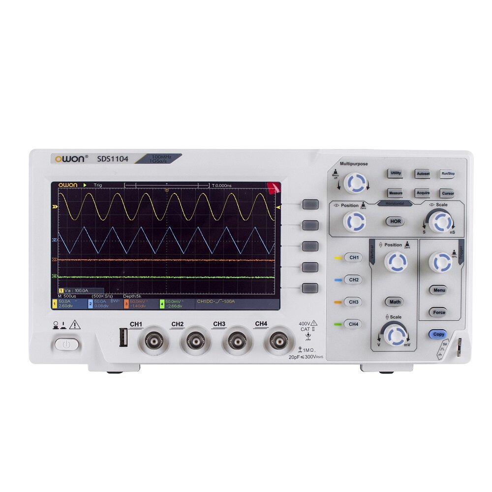 OWON SDS1104 Osciloscópio com largura de banda de 100MHz, 4 canais, taxa de amostragem de 1GS/s e tela LCD de alta resol