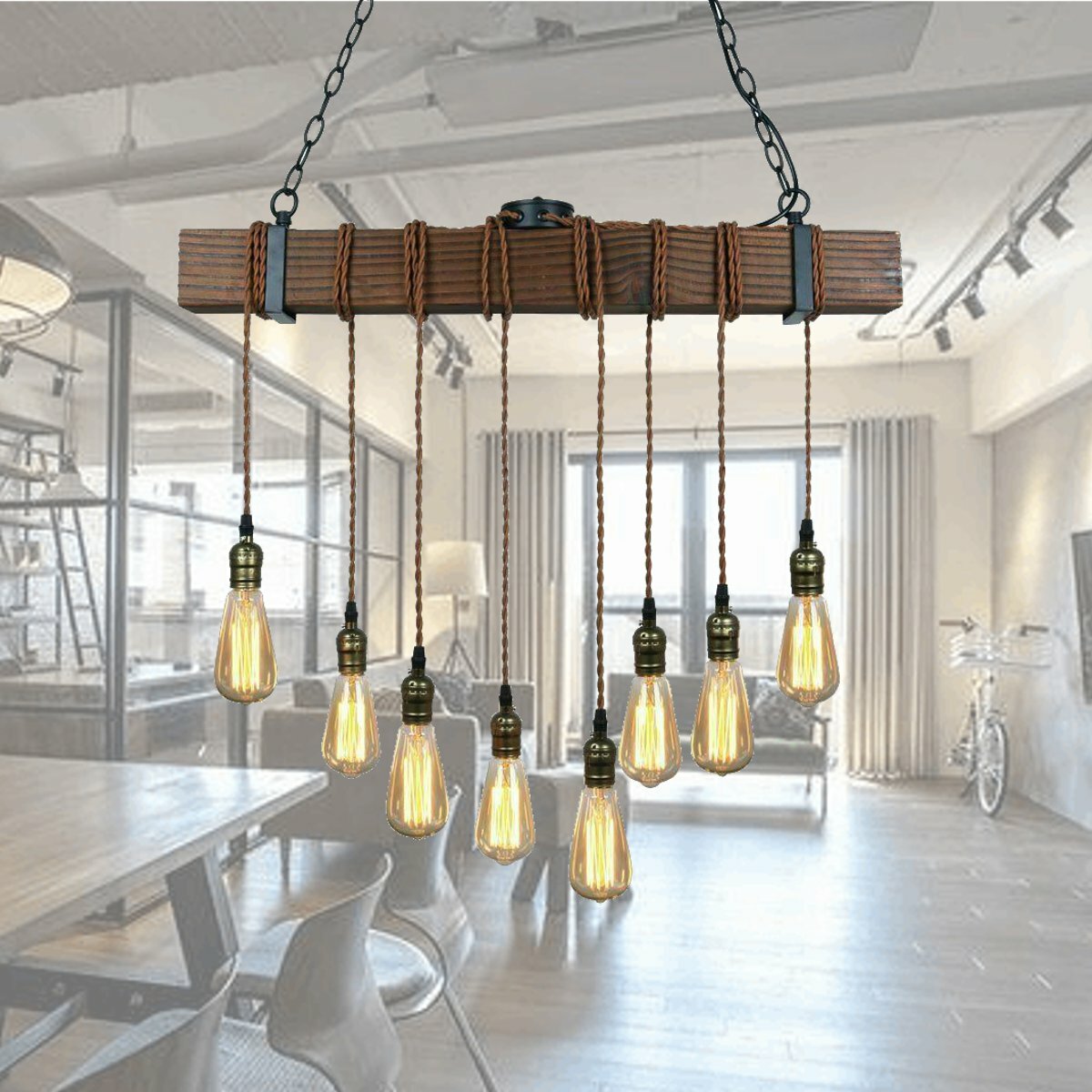 E26 Industrial Wood Pendant Light Hanging Ceiling Lamp Vintage Rustic Chandelier