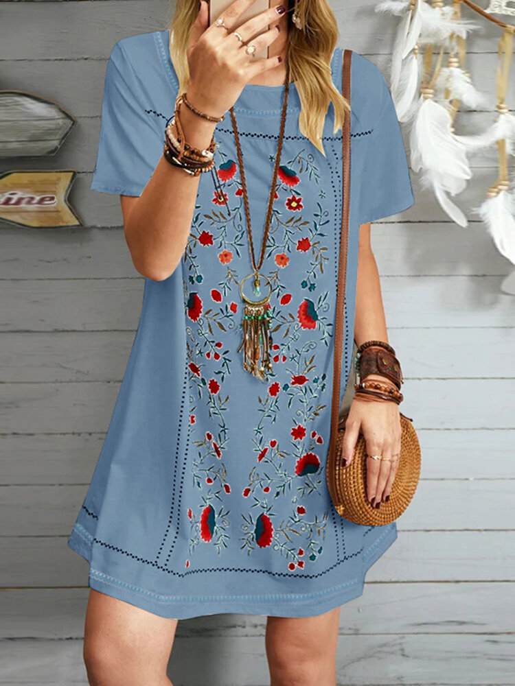 Floral Print Short Sleeve O-neck Casual Dress