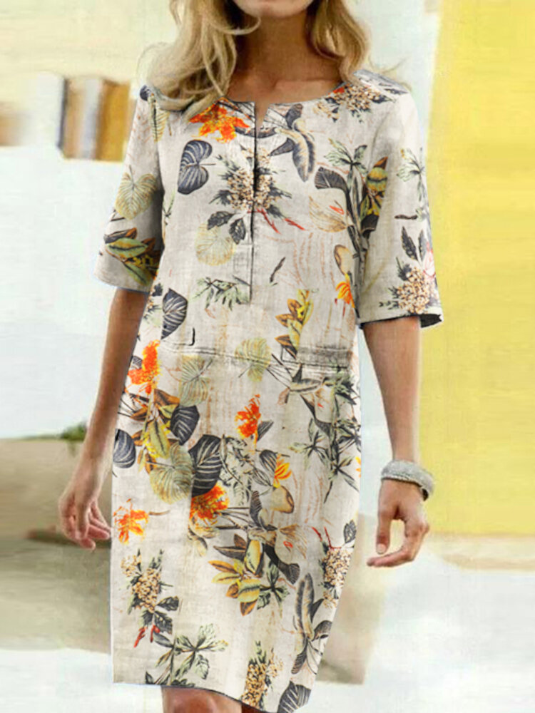 

Женщины Винтаж Хлопок с цветочным рисунком Растение Повседневный принт с круглым вырезом и половиной рукава Платье