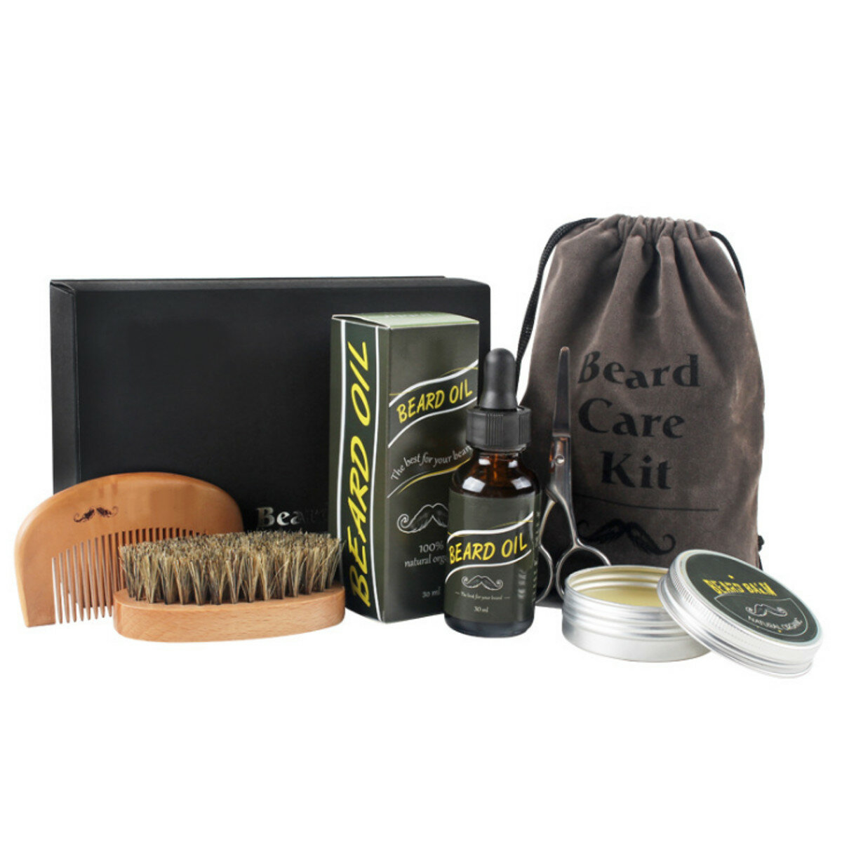 6Pcs Beard Oil Beard Comb Balm Brush Scissor Mustache Care Men Grooming Kit