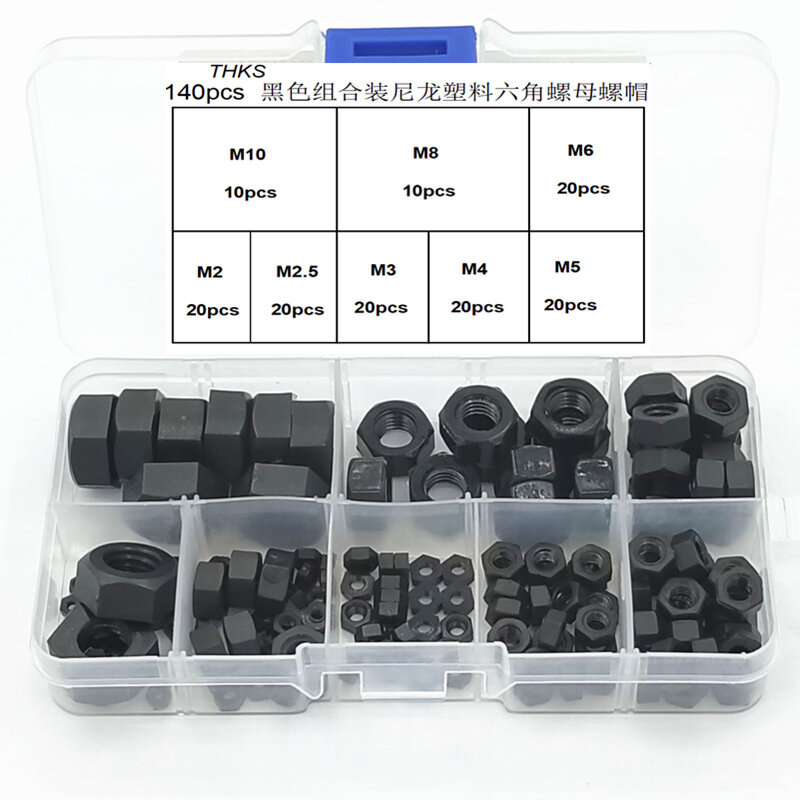 Suleve MXNH3 140Pcs Nylon Hex Nuts Assortment Kit Black/White M2-M10