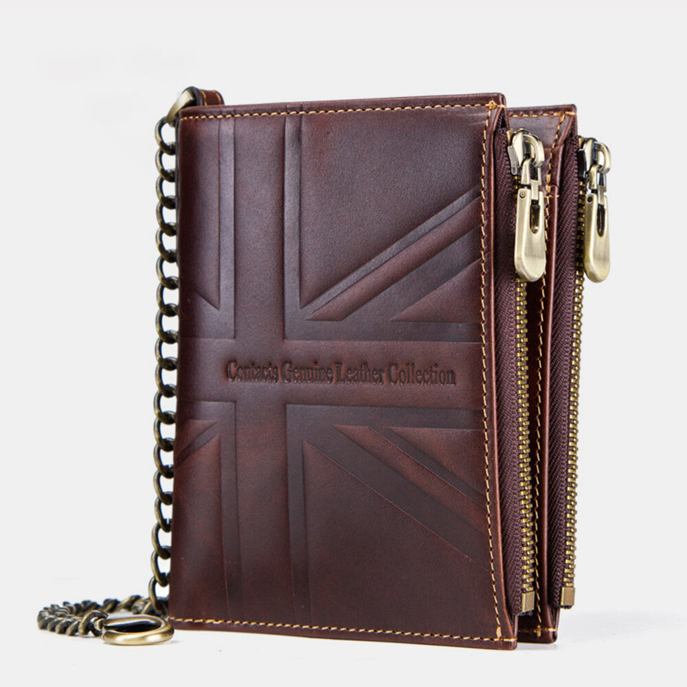

Men Genuine Leather Vinatge RFID Blocking Anti-theft Chain Wallet Zipper Coin Bag Card Holder