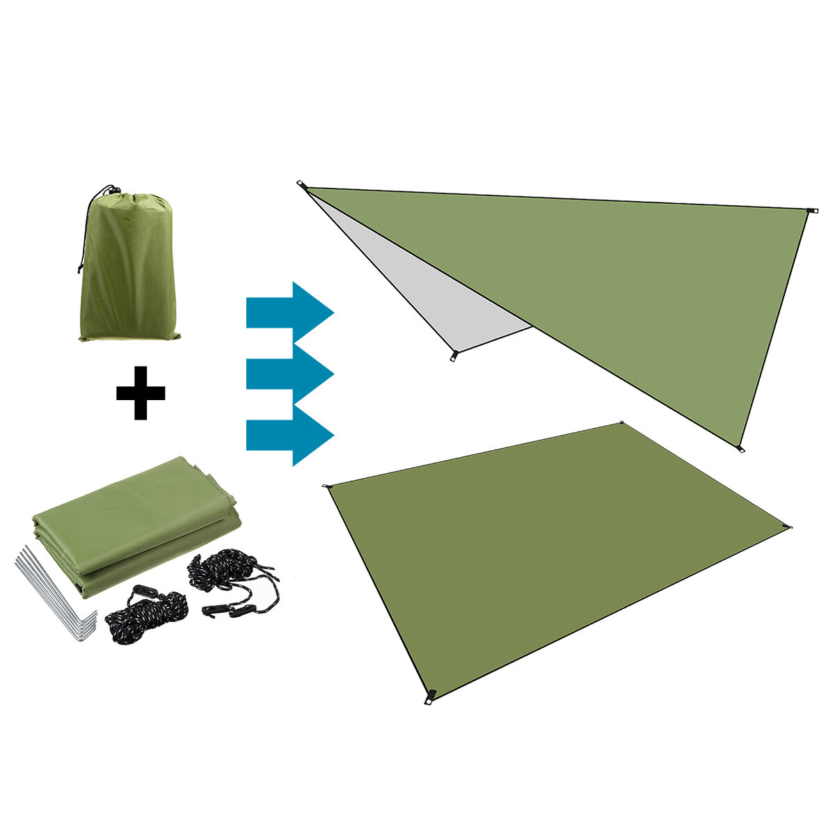 Rifugio per tenda militare verde impermeabile in tessuto Oxford 210D con tenda, telone, amaca, copertura per la pioggia e il sole e tappetino da picnic per campeggio e viaggi all'aperto
