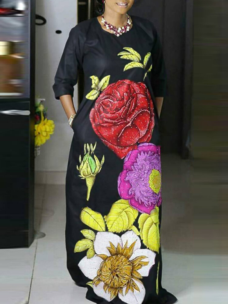 Bloemenprint zijzakken Europese stijl mode maxi-jurk