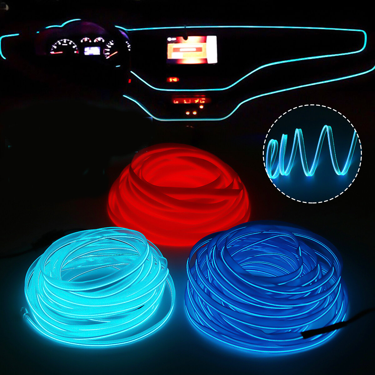 DC12V LED Car Interior Atmosphere Glow EL Wire Neon Strip Light Rope Tube Lamp