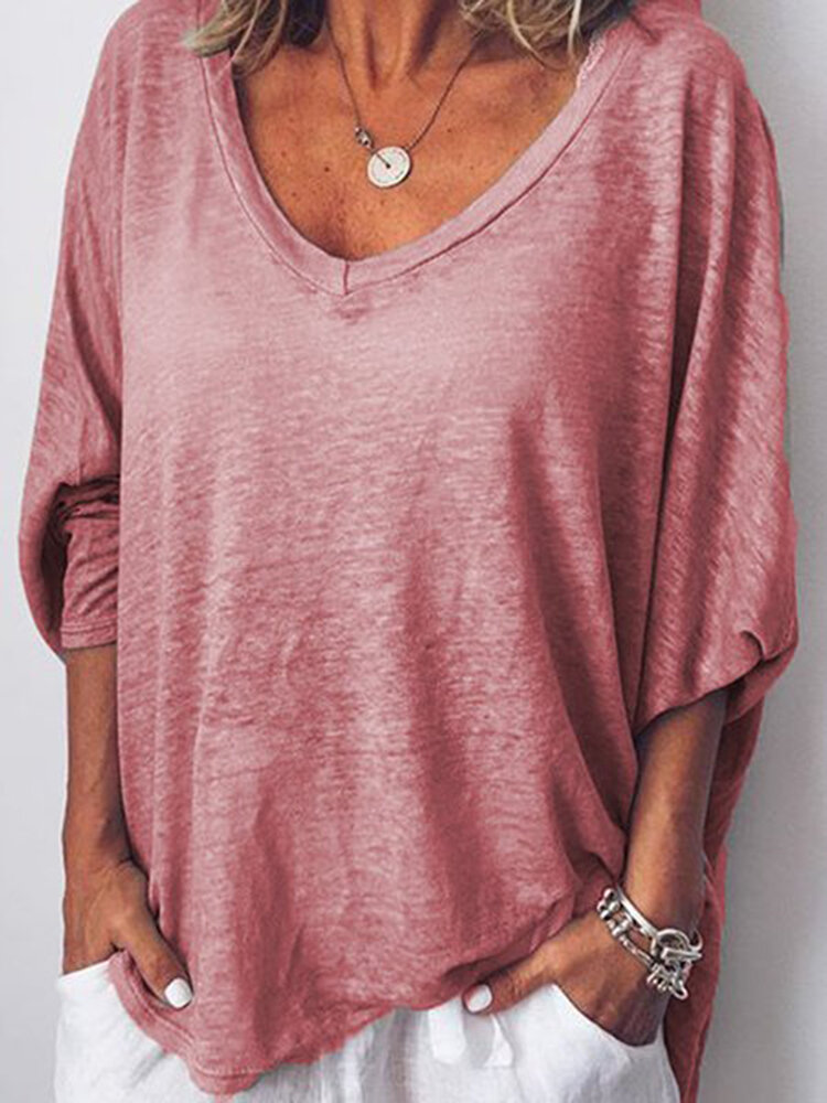 Women Loose V-neck Batwing Sleeve Casual T-shirts